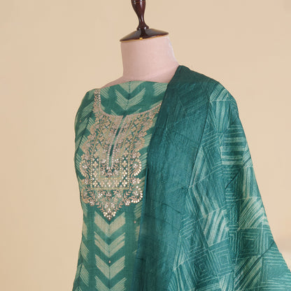 Green Tussar Silk Shibori Suit with Zari & Mirror Work