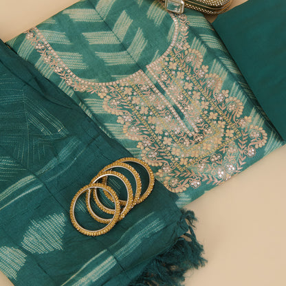 Green Tussar Silk Shibori Suit with Zari & Mirror Work