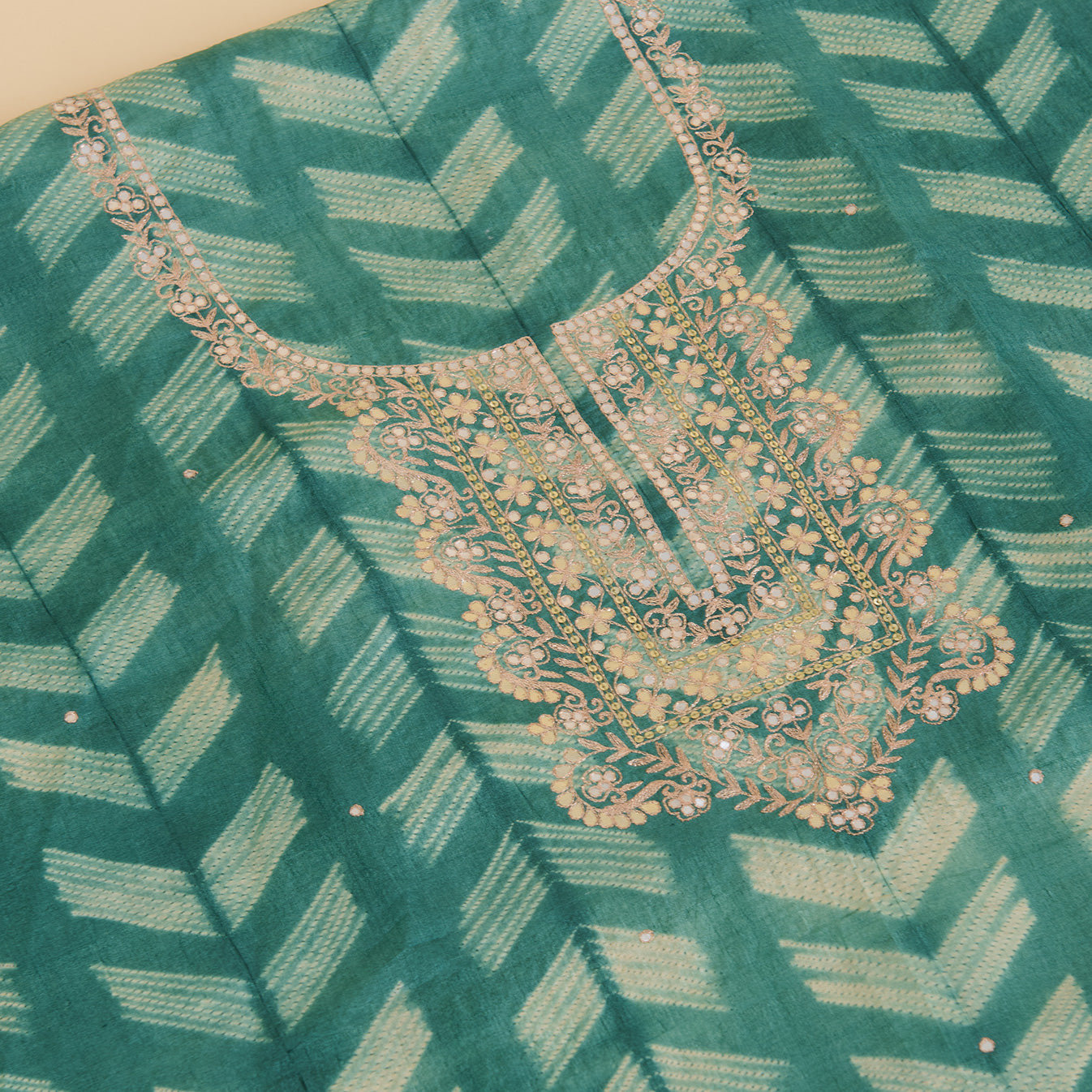 Green Tussar Silk Shibori Suit with Zari & Mirror Work