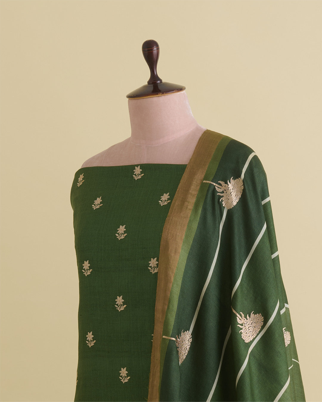 Green Tussar Silk Kurta with Resham & Zari Embroidery with Dupatta