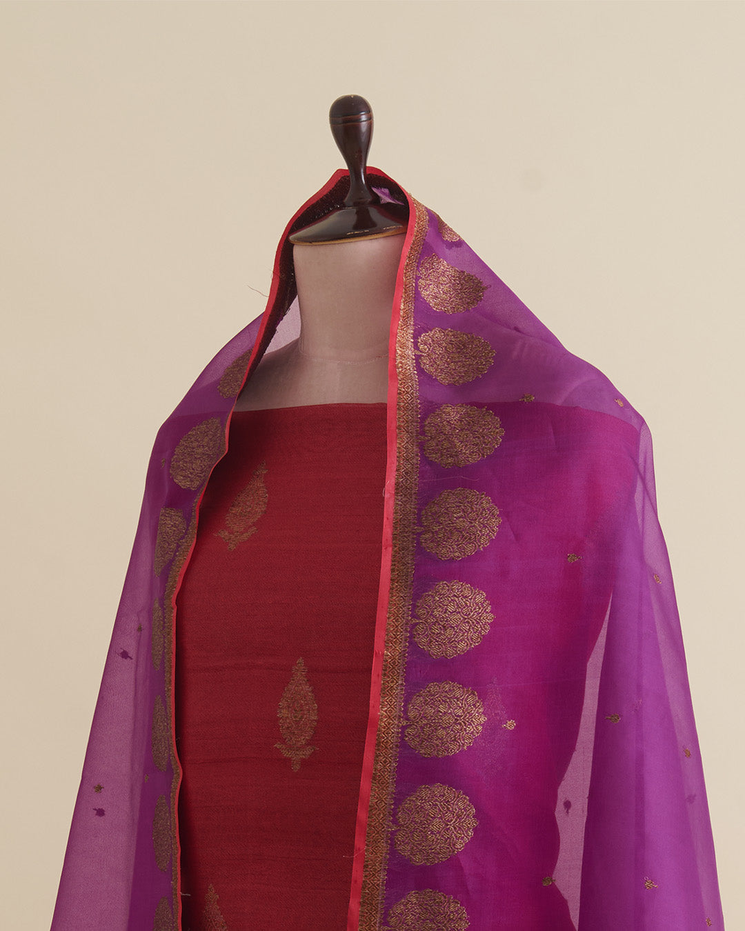 Maroon Tussar Silk Suit with Handwoven Buti & Organza Dupatta