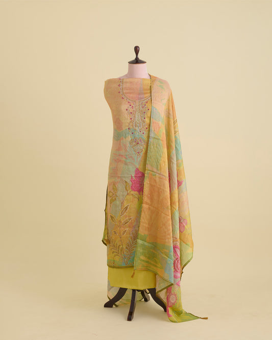 Multi Colour Printed Tissue Kurta with Zardosi & Sequin Embroidery