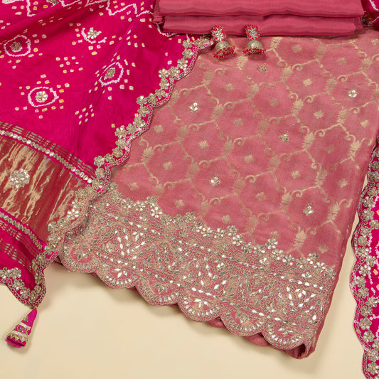 Onion Pink Colour Silk tissue woven kurta with gota