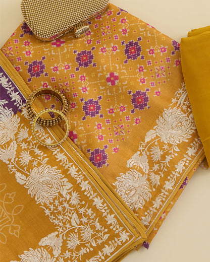 Ochre Yellow Tussar Silk Patola Kurta with Parsi Embroidery and Bandhej Dupatta