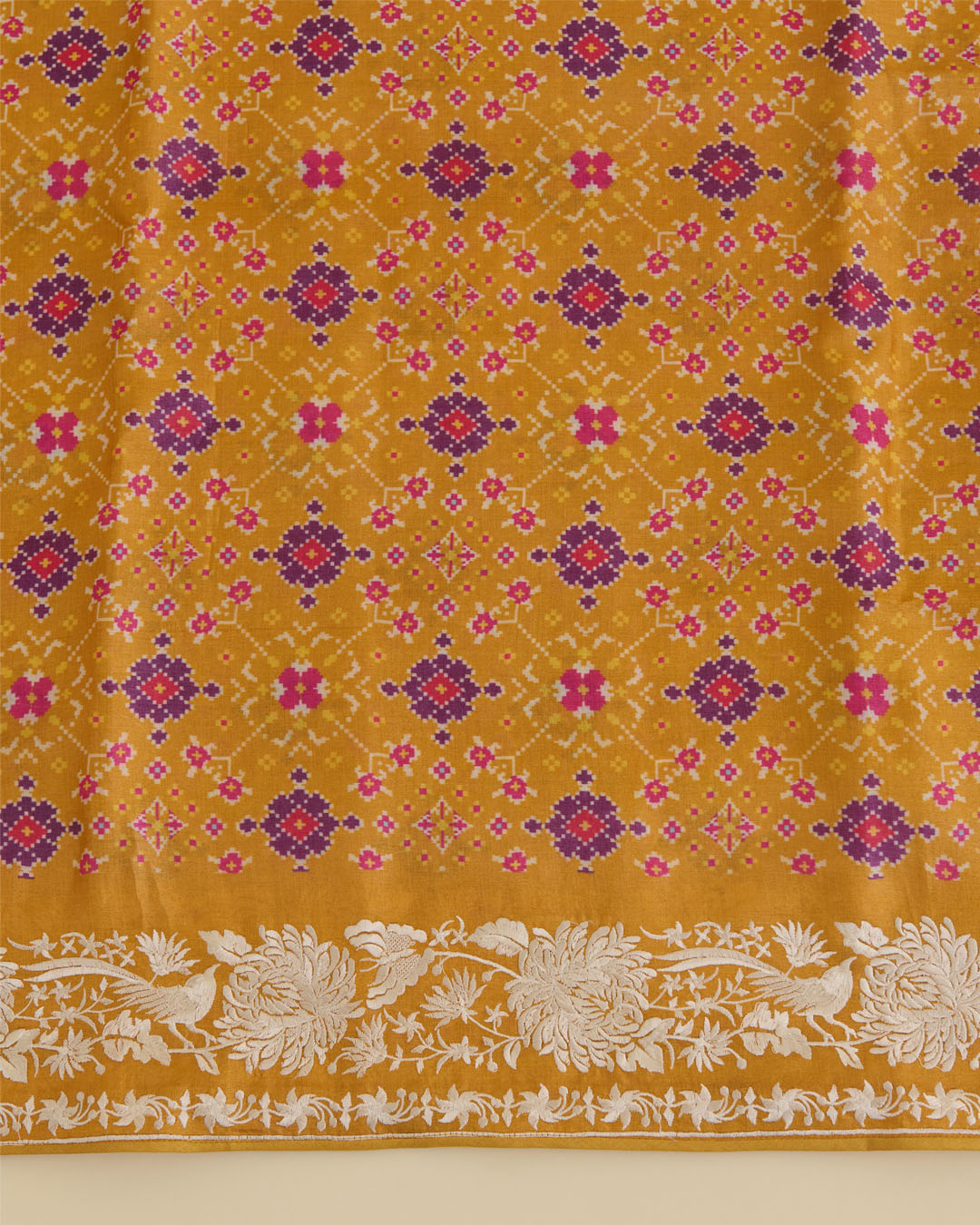 Ochre Yellow Tussar Silk Patola Kurta with Parsi Embroidery and Bandhej Dupatta