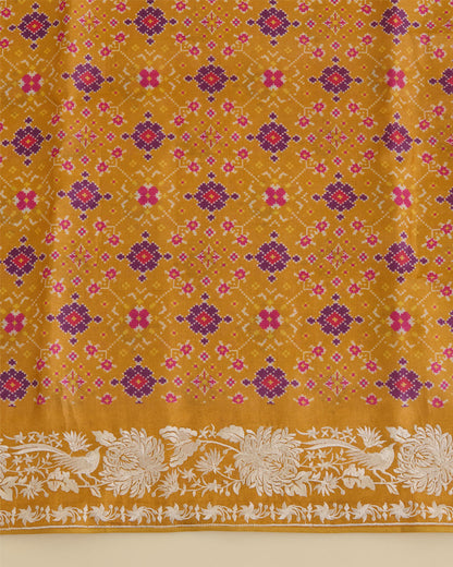Ochre Yellow Tussar Silk Patola Kurta with Parsi Embroidery and Bandhej Dupatta