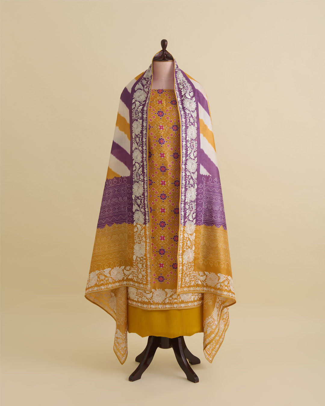 Ochre Yellow Tussar Silk Patola Kurta with Parsi Embroidery and Bandhej Dupatta