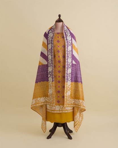 Ochre Yellow Tussar Silk Patola Kurta with Parsi Embroidery and Bandhej Dupatta