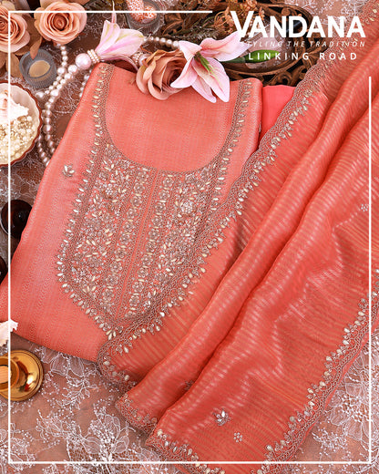 Peach Tissue Woven Suit with Embroidered Dupatta & Crepe Bottom