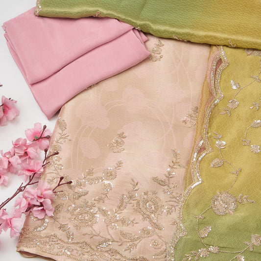 Peach Tissue Woven Kurta Set with Cutdana & Pearl Embroidery