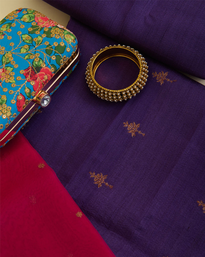 Purple Tussar Silk Suit with Woven Butta Kurta and Organza Dupatta