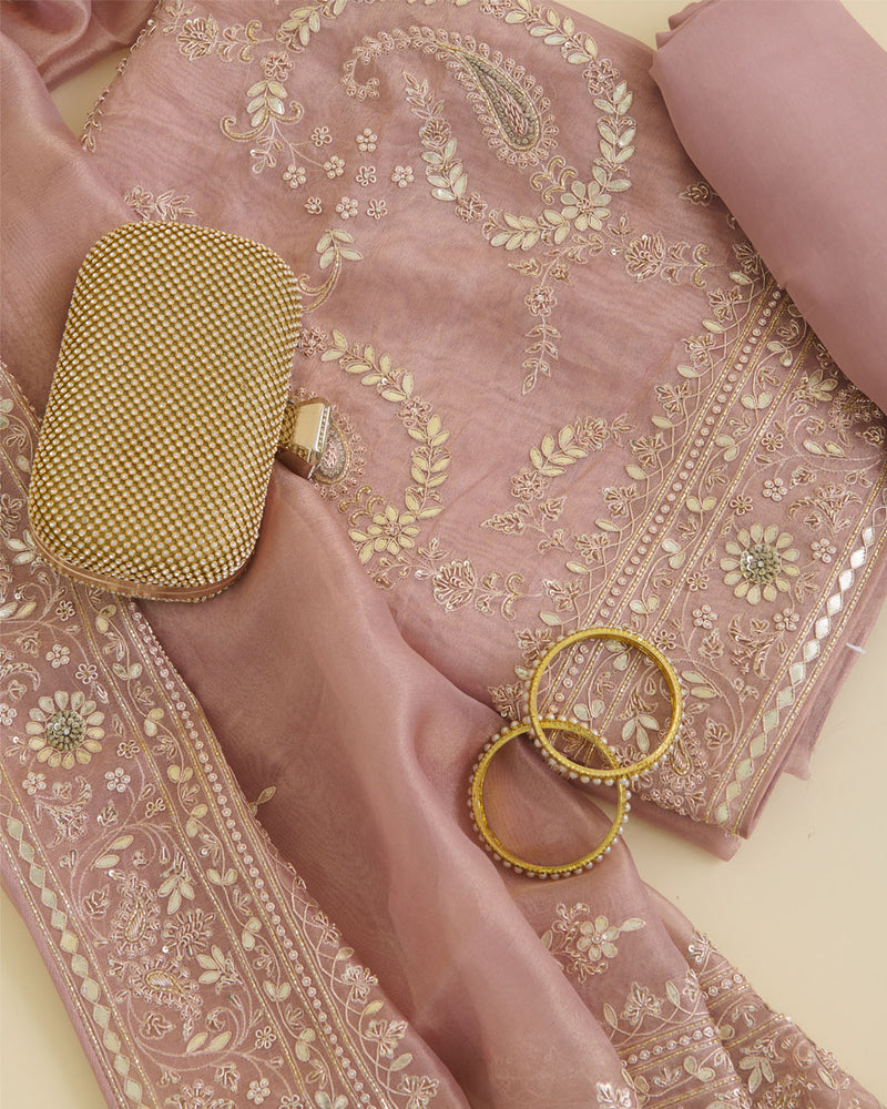 Peach Silk Tissue Kurta Suit Piece with Zardozi, Sequins & Pearl Work