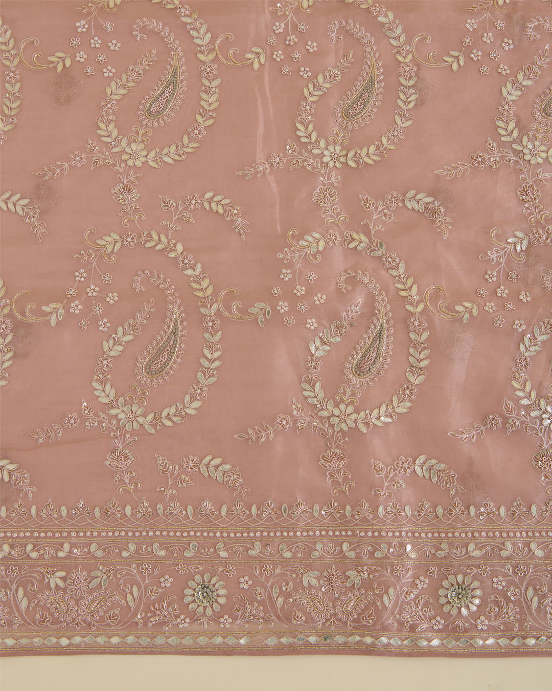 Peach Silk Tissue Kurta Suit Piece with Zardozi, Sequins & Pearl Work