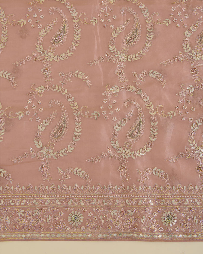 Peach Silk Tissue Kurta Suit Piece with Zardozi, Sequins & Pearl Work
