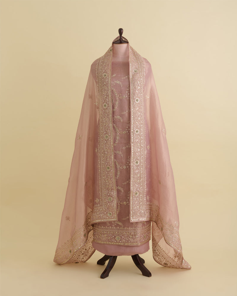 Peach Silk Tissue Kurta Suit Piece with Zardozi, Sequins & Pearl Work