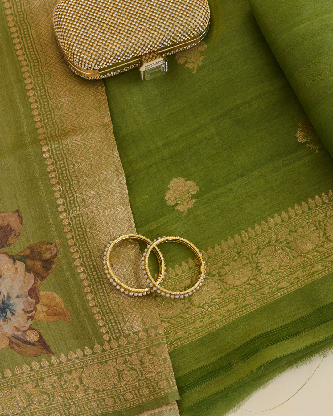 Sage Green Tussar Silk Suit with Handwoven Buti & Dupatta