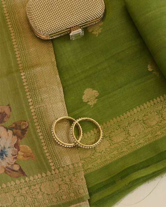 Sage Green Tussar Silk Suit with Handwoven Buti & Dupatta