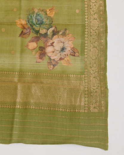 Sage Green Tussar Silk Suit with Handwoven Buti & Dupatta
