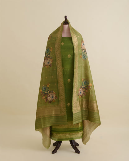 Sage Green Tussar Silk Suit with Handwoven Buti & Dupatta