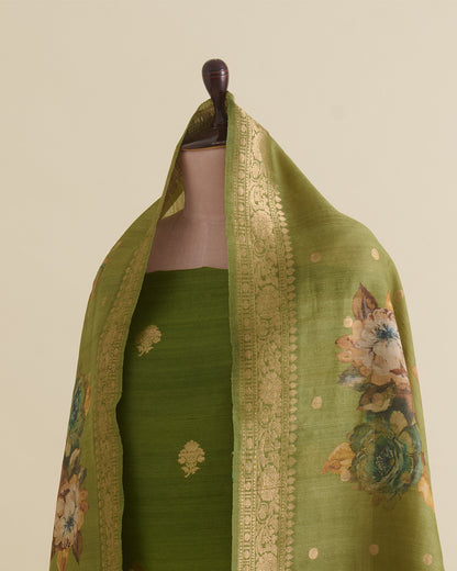 Sage Green Tussar Silk Suit with Handwoven Buti & Dupatta