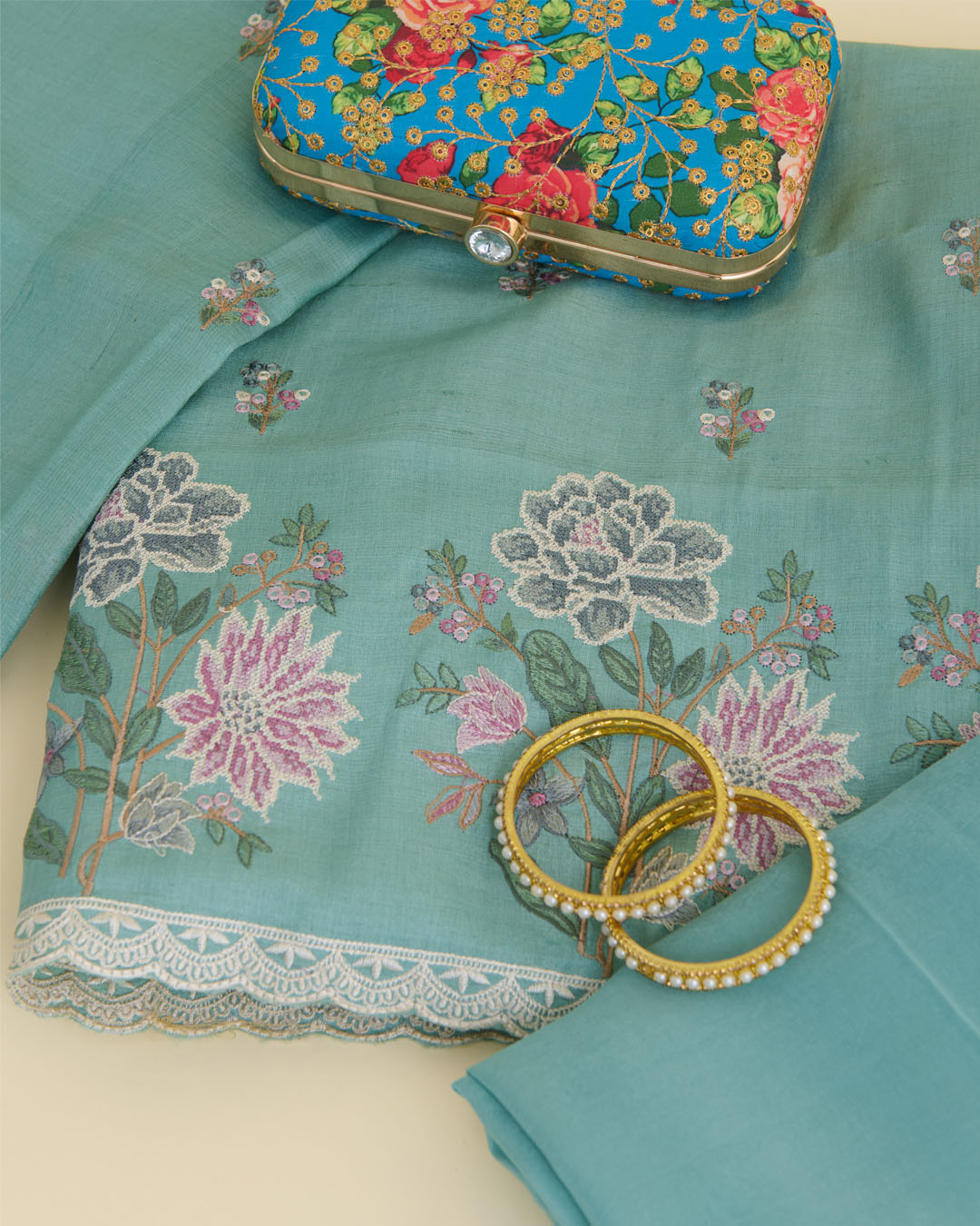 Tussar Silk Kurta Suit with Resham Embroidery Sea Green