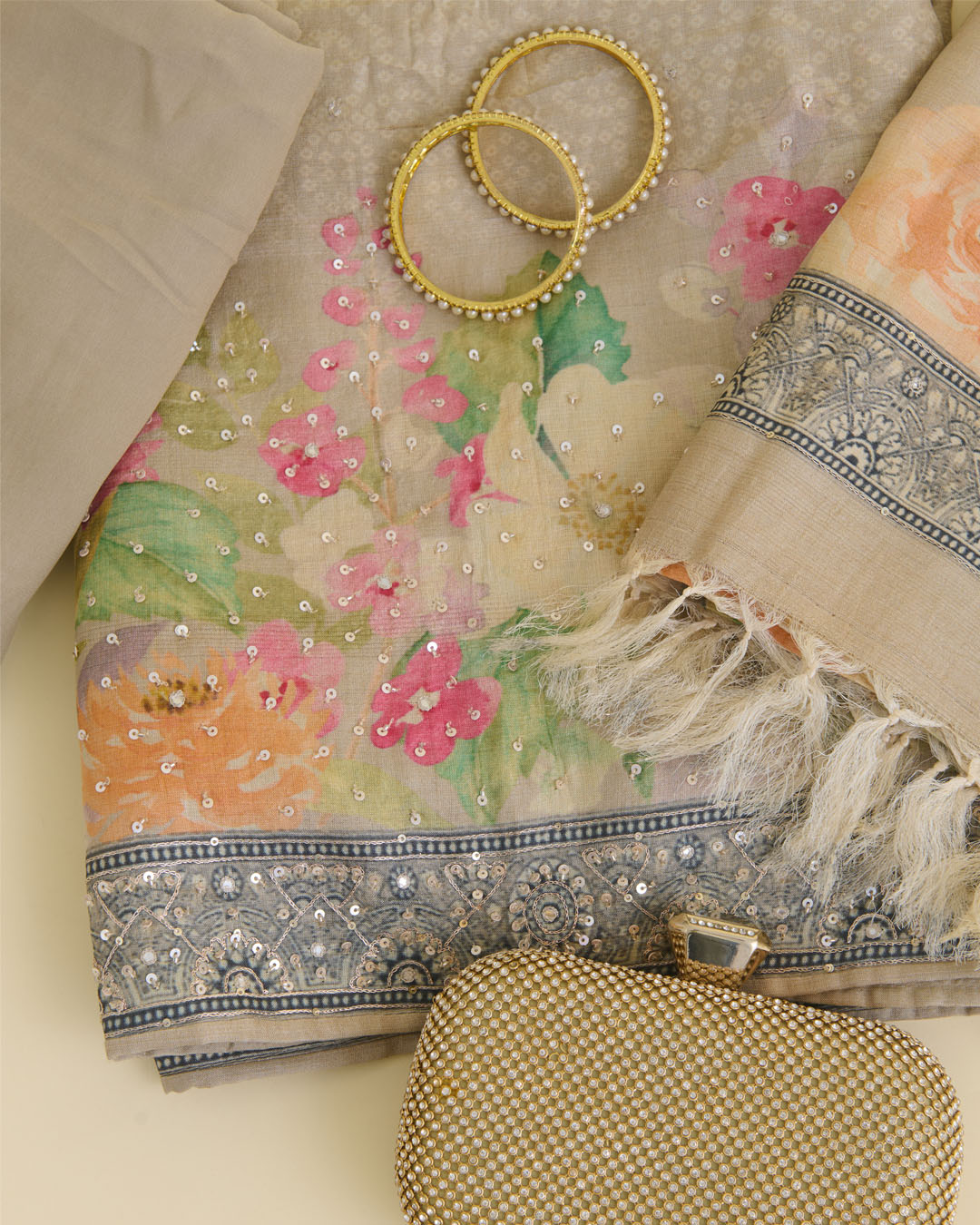 Tussar Silk Digital Printed Kurta Suit Piece with Dupatta & Viscose Crepe Bottom