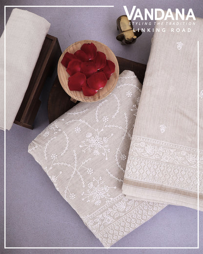 Tussar Munga Tussar Suit with Thread Embroidery & Dupatta Set