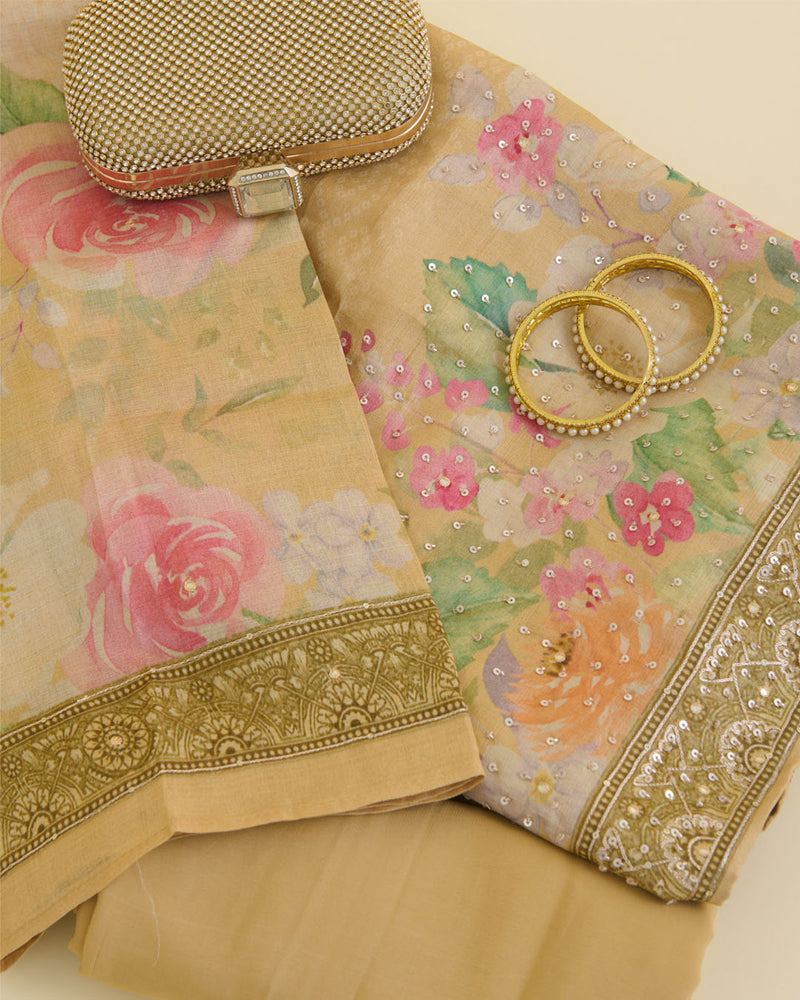 Tussar Silk Digital Printed Kurta Suit with Dupatta & Bottom Yellow