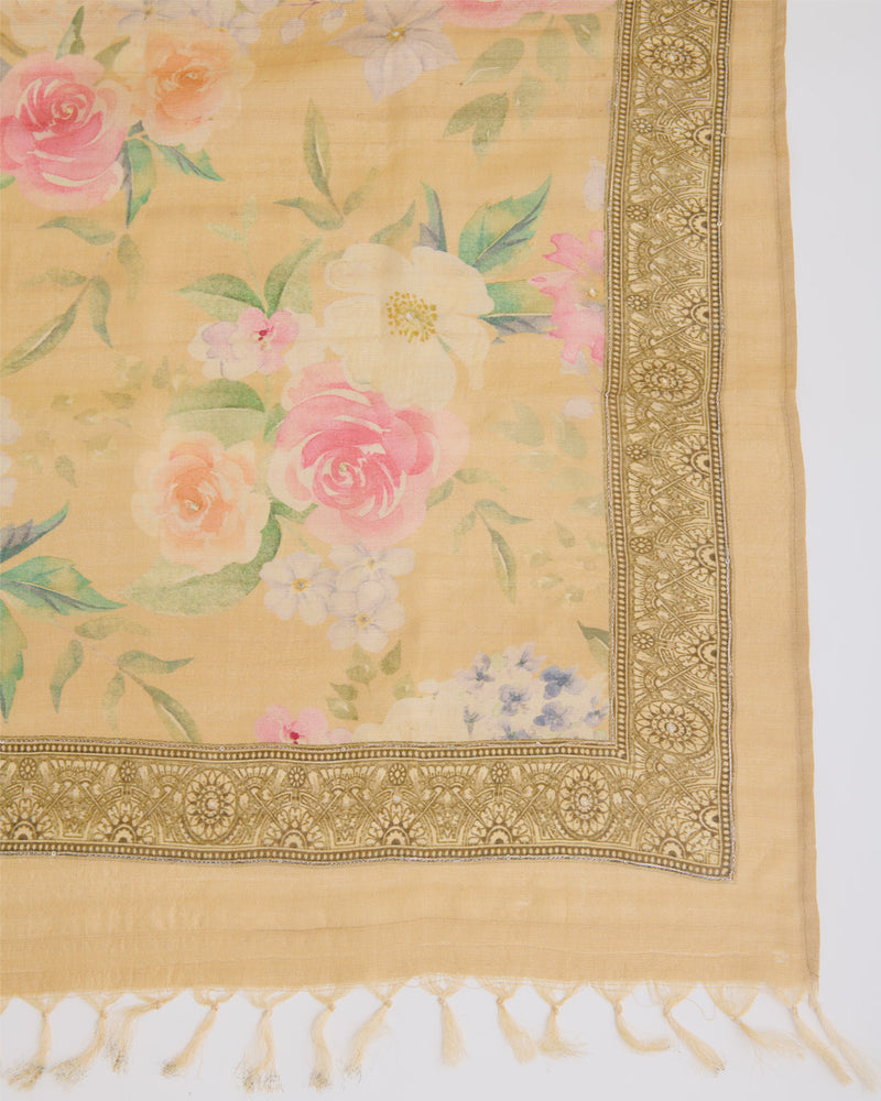 Tussar Silk Digital Printed Kurta Suit with Dupatta & Bottom Yellow