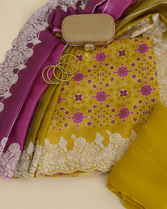 Patola Printed Tussar Silk Suit with Resham & Zari Embroidery Yellow