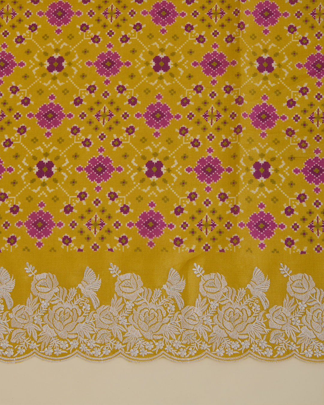 Patola Printed Tussar Silk Suit with Resham & Zari Embroidery Yellow