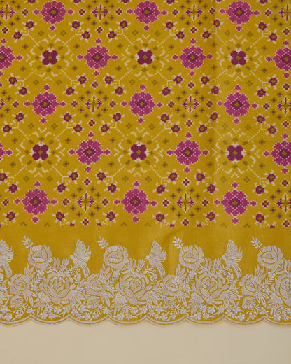 Patola Printed Tussar Silk Suit with Resham & Zari Embroidery Yellow