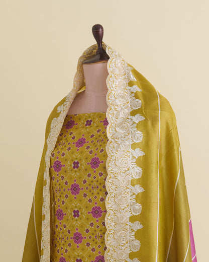 Patola Printed Tussar Silk Suit with Resham & Zari Embroidery Yellow