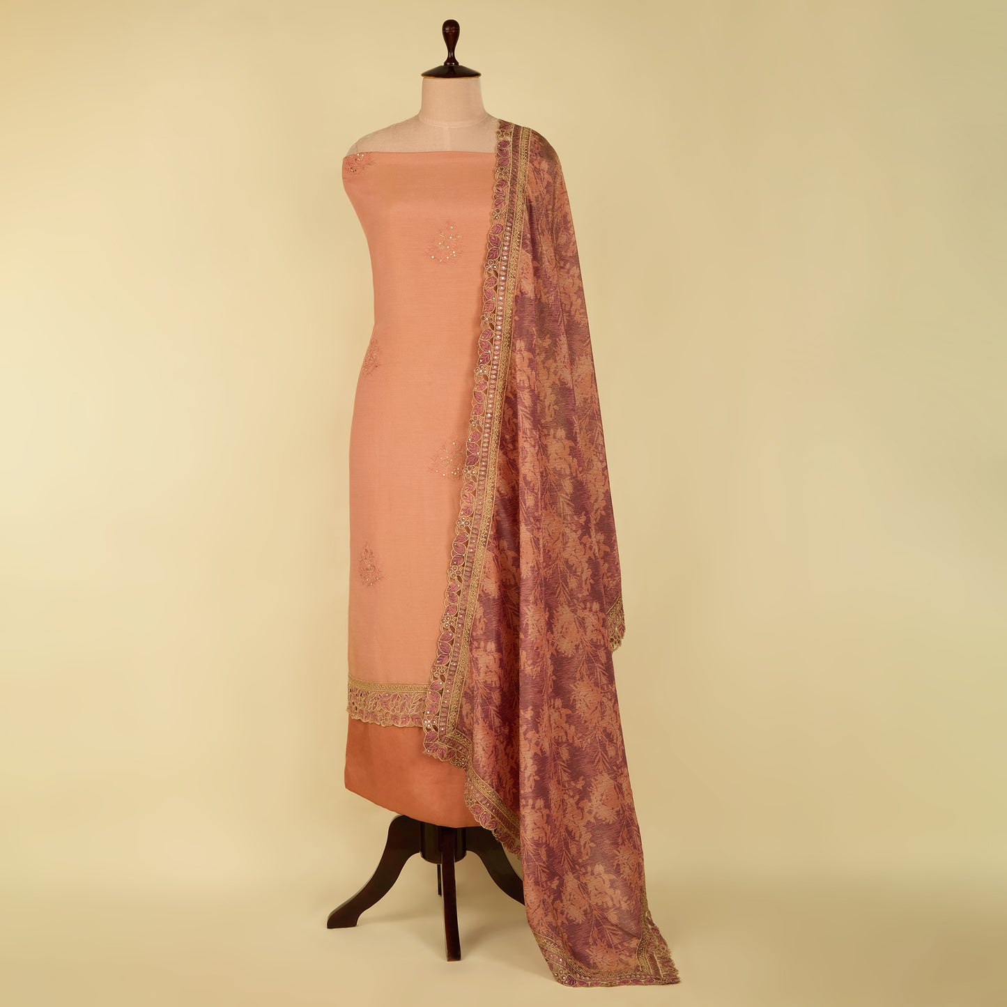 Onion Pink Upada Silk Embroidered Suit with Organza Tissue Dupatta