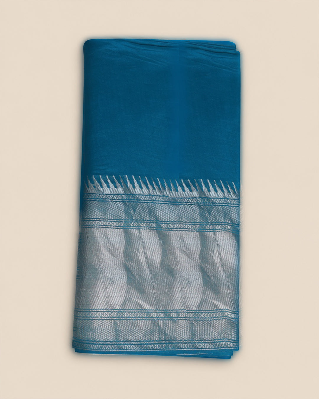 Teal Blue Chanderi Silver Stripes Fabric with Water Gold Daman Border