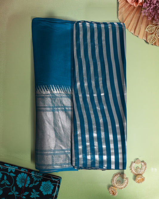 Teal Blue Chanderi Silver Stripes Fabric with Water Gold Daman Border