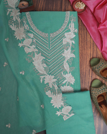 Green Fine Chanderi Suit with Zari Appliqué Embroidery & Dupatta
