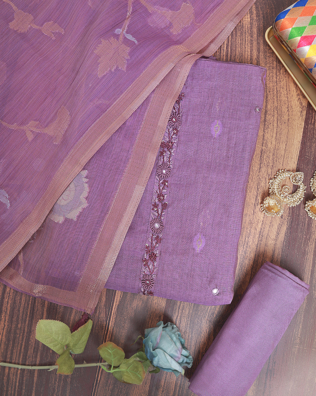 Purple Kora Chanderi Woven Suit with Thread, Sequence & Mirror Embroidery