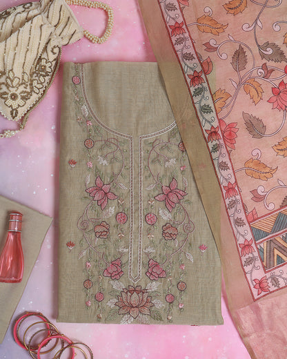 Dusty Green Fine Chanderi Suit with Resham Embroidered Neck