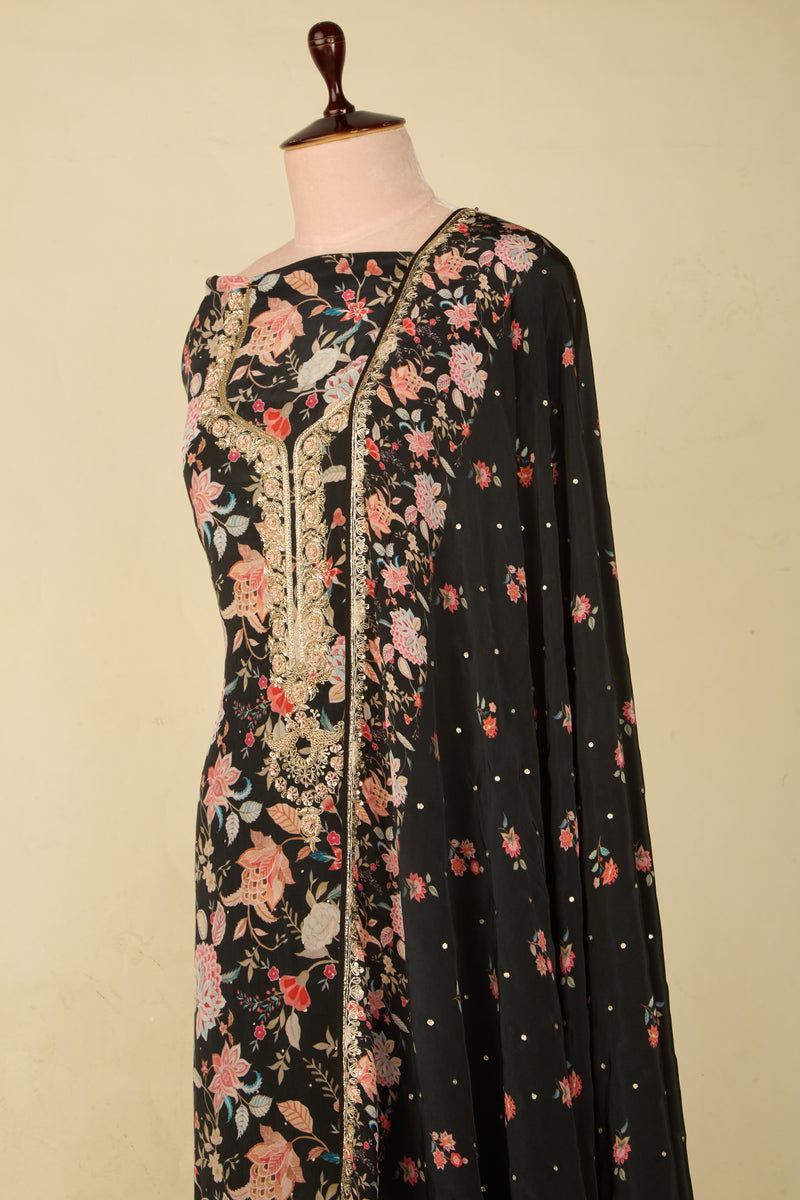 Black Viscose Crepe Embroidered Suit with Dupatta 