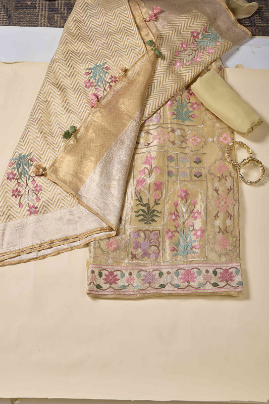 Yellow Silk Tissue Kurta Set with Resham & Zari Embroidery