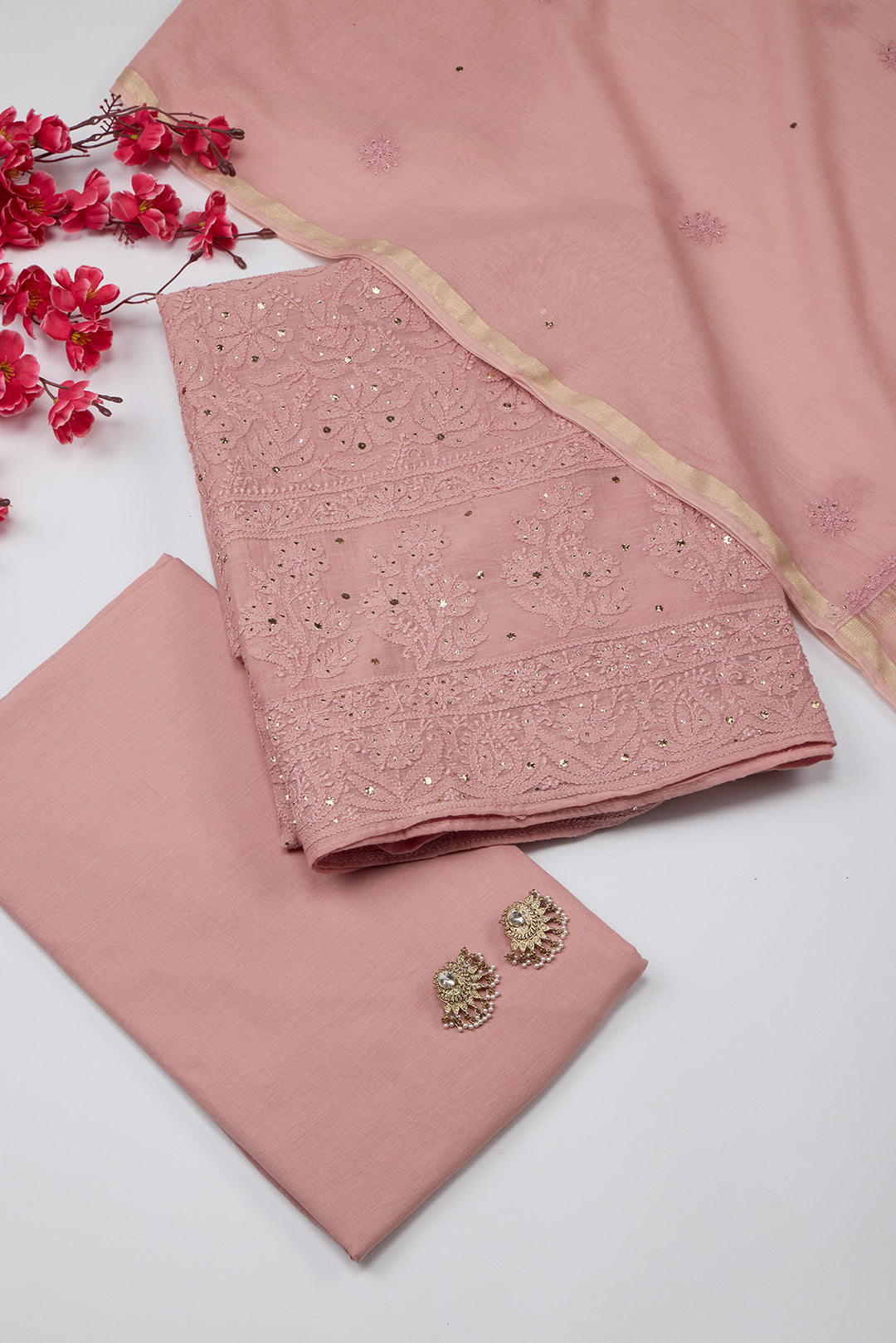 Dusty Peach Chanderi Kurta Set with Lucknowi & Badla Work