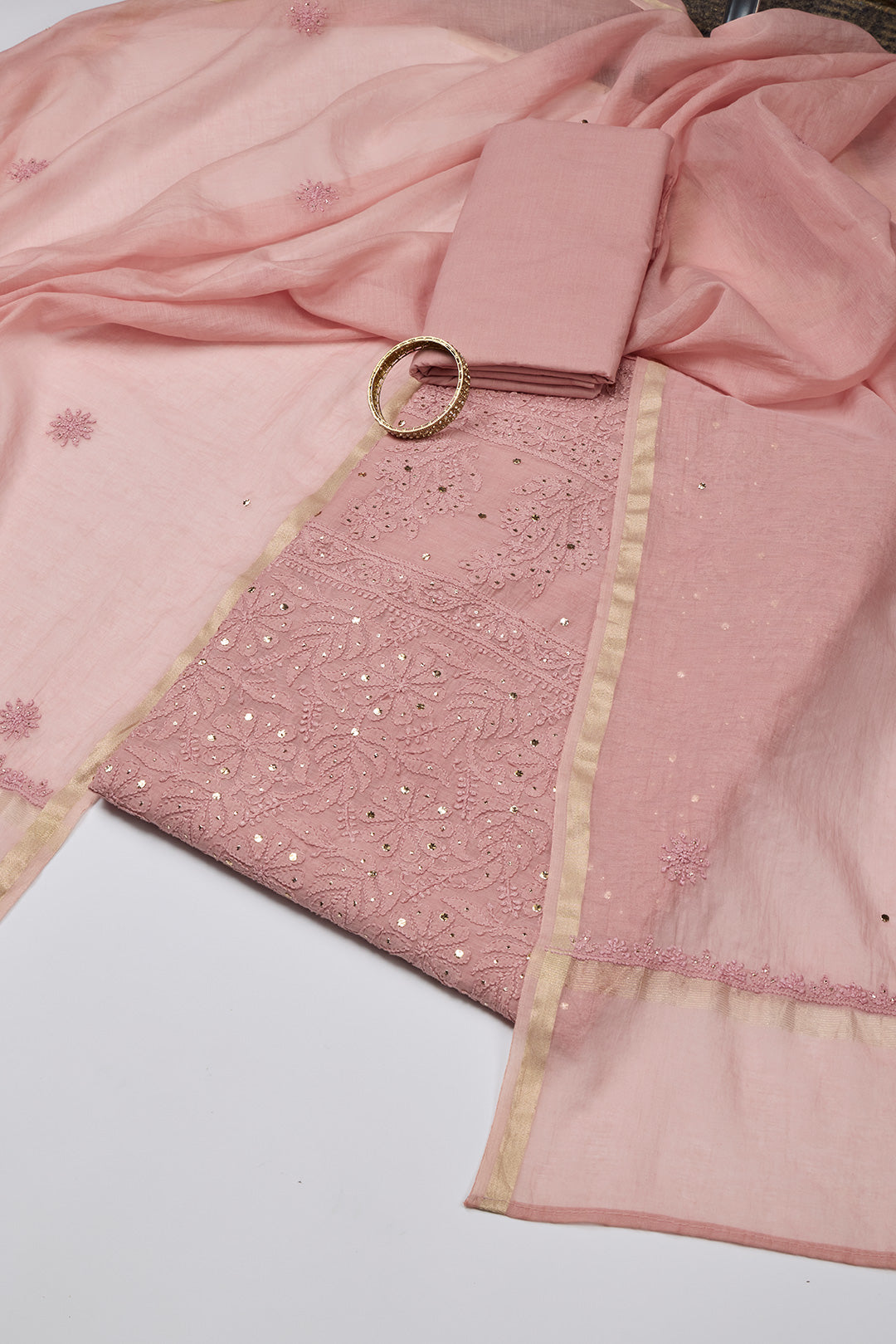 Dusty Peach Chanderi Kurta Set with Lucknowi & Badla Work