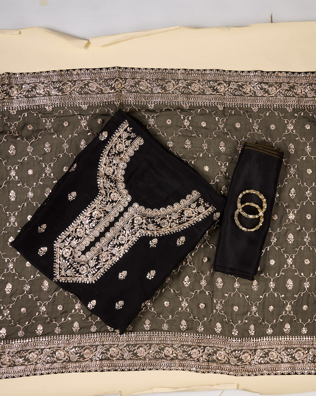Black Organza Kurta Set with Zari, Bead & Cutdana Work