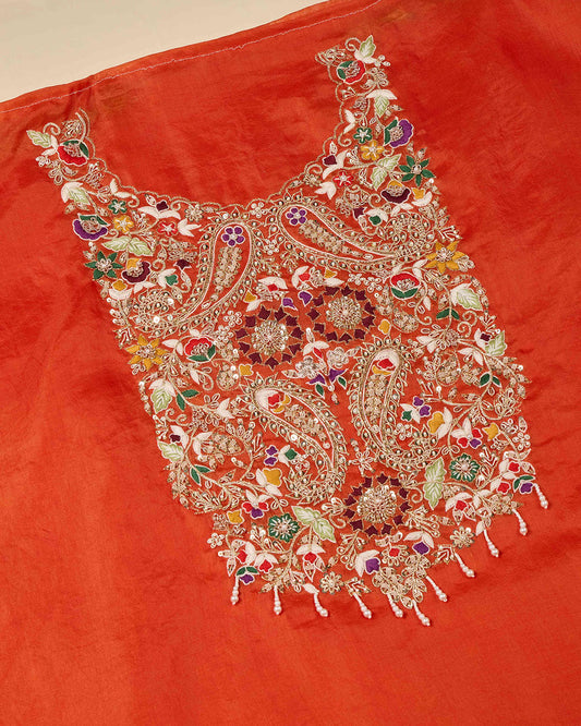 Orange Silk Organza Kurta Set with Zardozi & Pearl Work