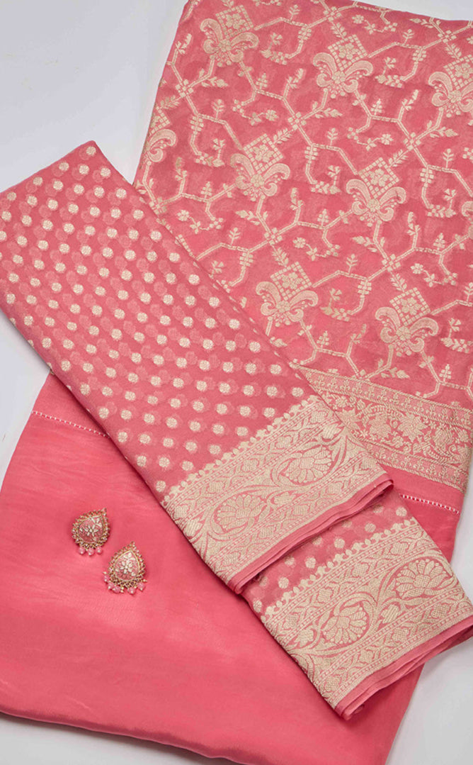 Rose Pink Georgette Jamavar Kurta Set with Matching Dupatta