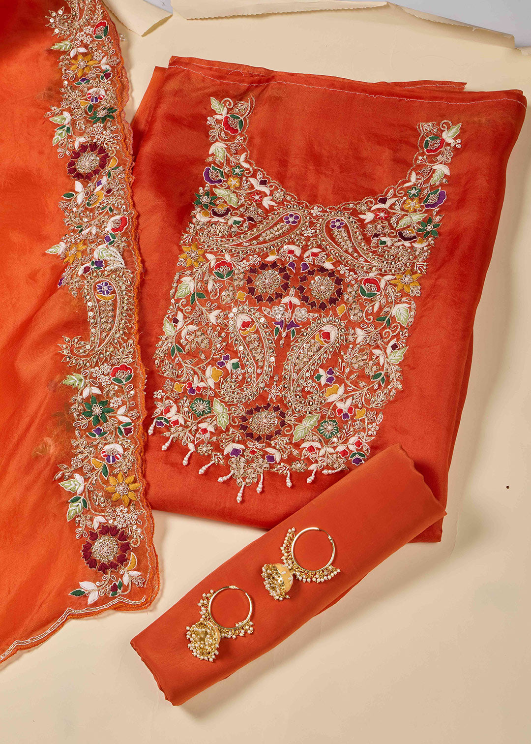 Orange Silk Organza Kurta Set with Zardozi & Pearl Work