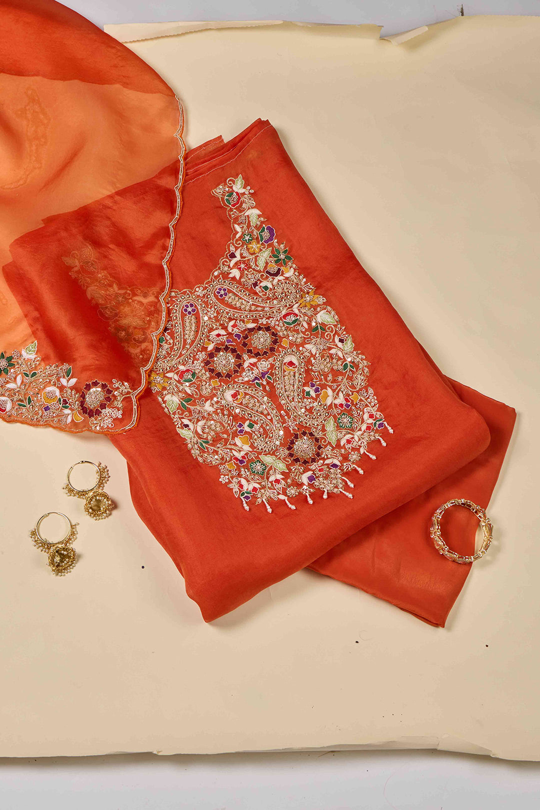 Orange Silk Organza Kurta Set with Zardozi & Pearl Work