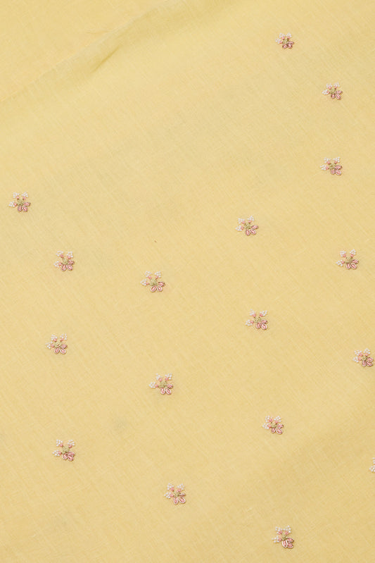 Yellow Linen Kurta Set with French Knot & Pearl Embroidery