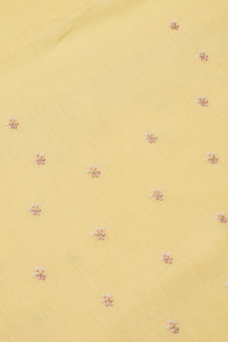 Yellow Linen Kurta Set with French Knot & Pearl Embroidery